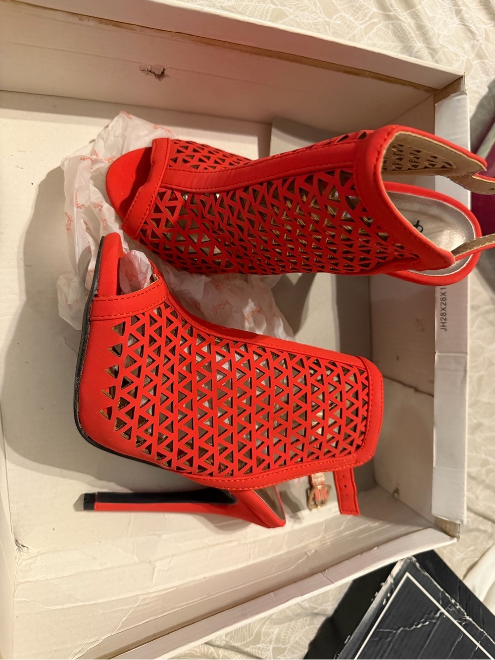Qupid Glee-123 Openwork Heeled Bootie in Tangerine